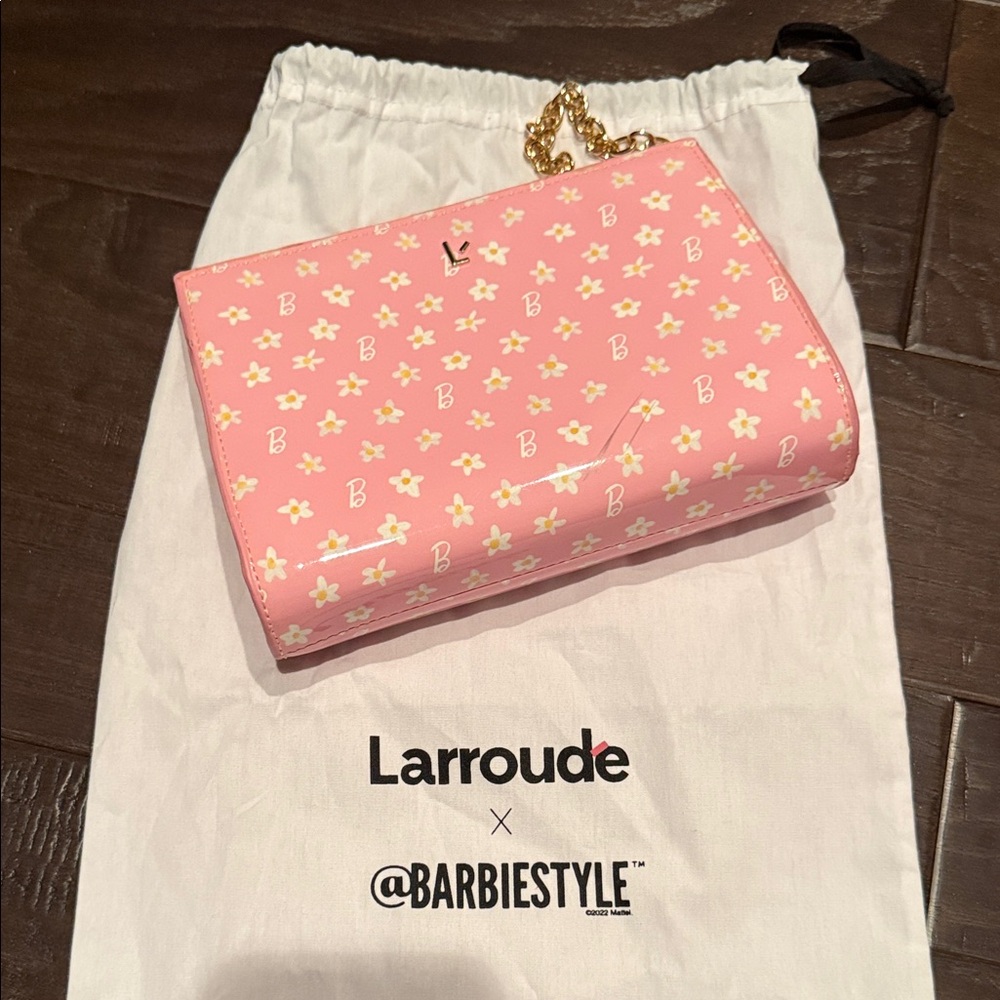 Larroude Pink Floral Clutch with Gold Chain collaboration with Barbie